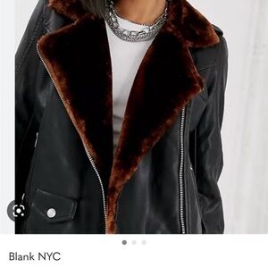 Blank NYC Women's Black Leather Jacket with Brown Fur Collar
